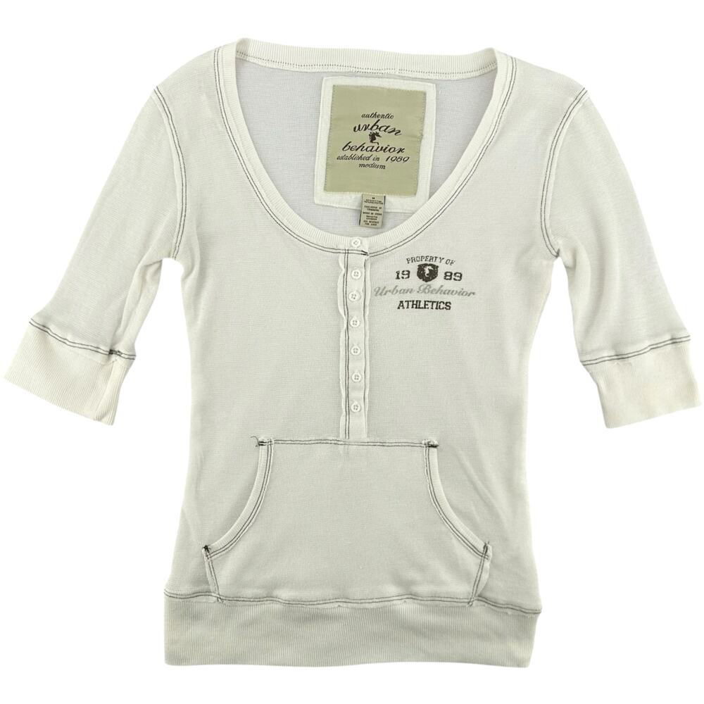 Vintage y2k Women's White Ribbed Urban Behavior 3/4 Sleeves Henley Top Sz M
